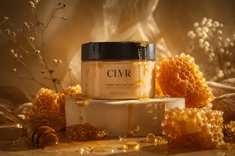 Cremetiegel zwischen Honigwaben und orangen Blüten im warmen Licht