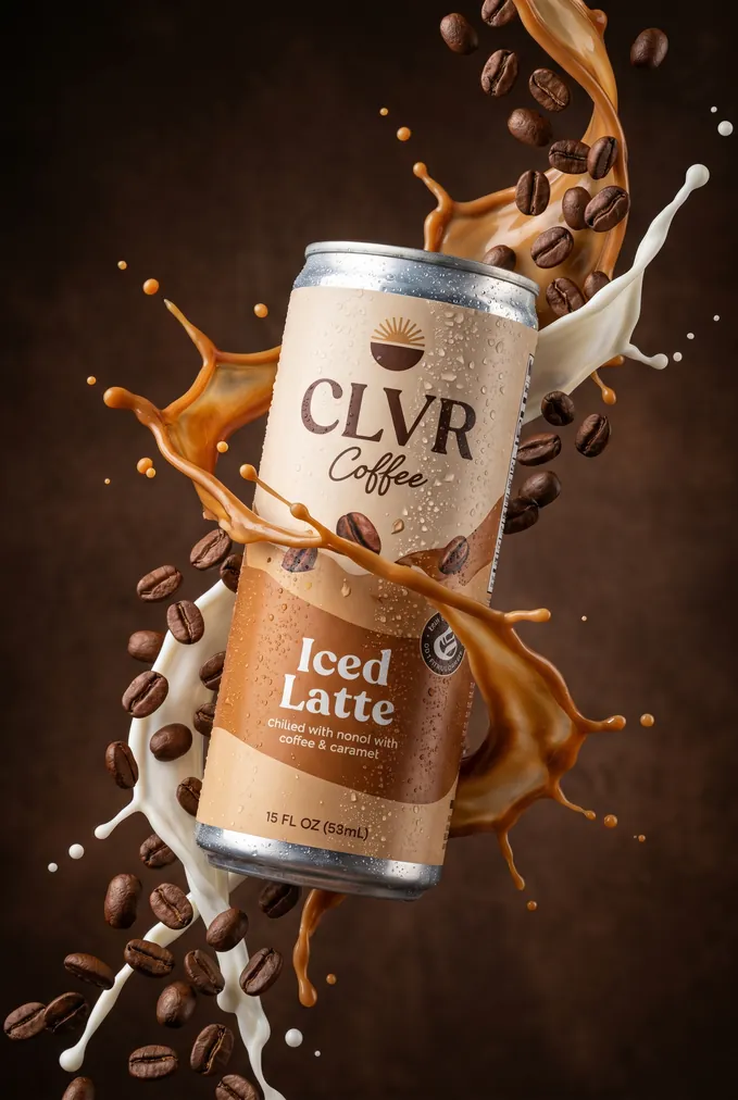 Iced-Latte-Dose mit Kaffee-Splash und fliegenden Bohnen