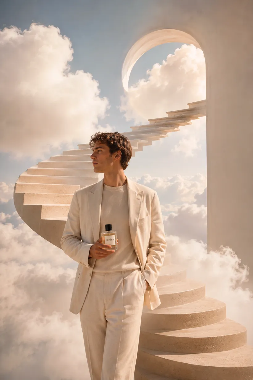 Mann im hellen Anzug mit Parfumflakon auf einer Wendeltreppe über den Wolken