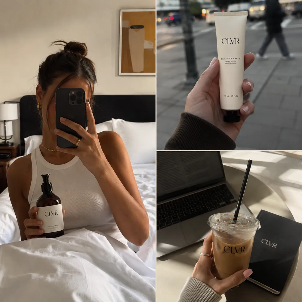 Collage aus Selfie, Tube auf der Straße, Pflegeprodukt und Iced Coffee
